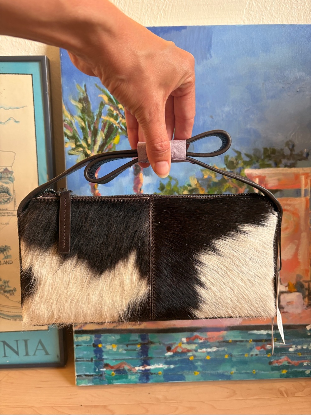 Mango Black & White Cowhide Leather Bow-Top Crossbody Bag - Picture 8 of 10
